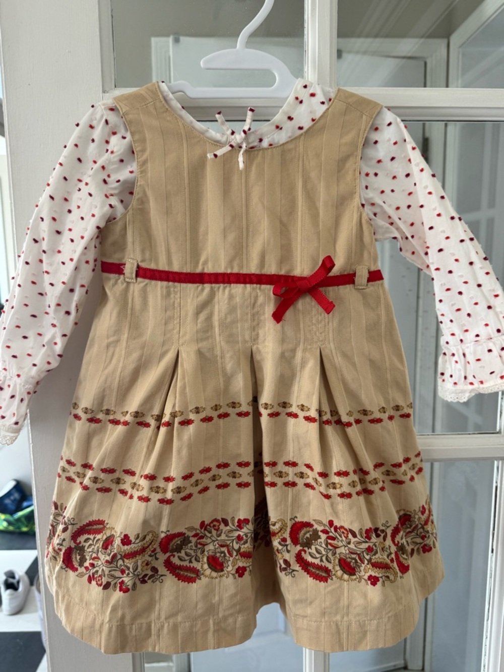 Gap khaki and Red Floral and paisley trimmed dress w Under shirt 18/24M